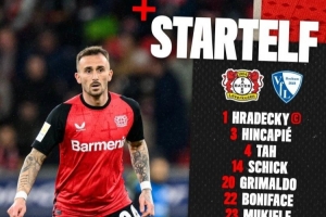 勒沃库森vs波鸿首发:希克、扎卡先发 博尼法斯、弗林蓬出战